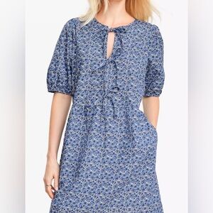 LOFT Blue Floral Tie-Neck Puff-Sleeve Dress
